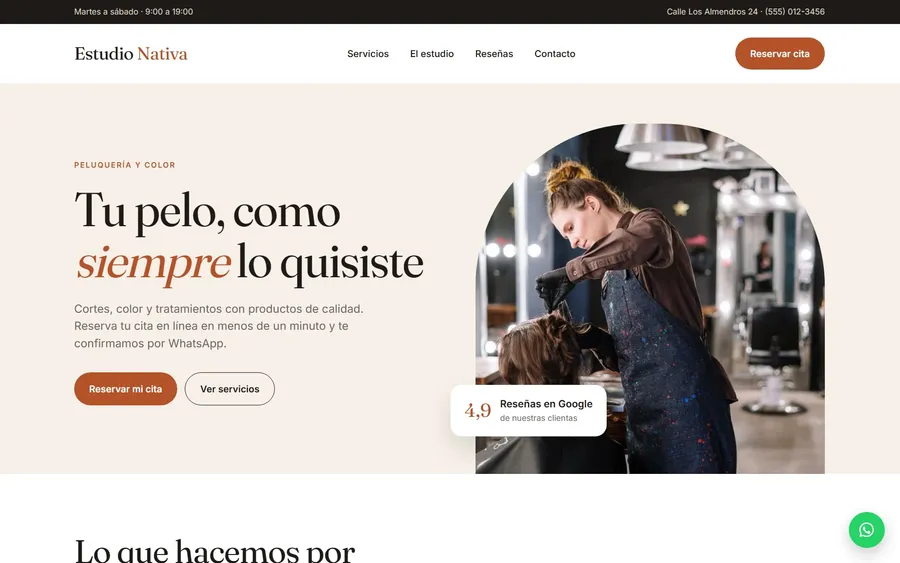 Muestra de página para barbería o peluquería